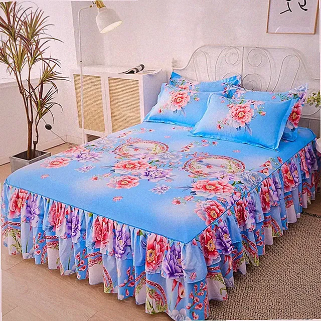 3pcs Bedding Set Bedspread Bed Skirt with 2pcs Pillowcases Mattress Cover