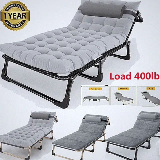 Adults 4-Gear Folding Bed Camping Cot Folding Reclining Cot Mattress &4D Pillow