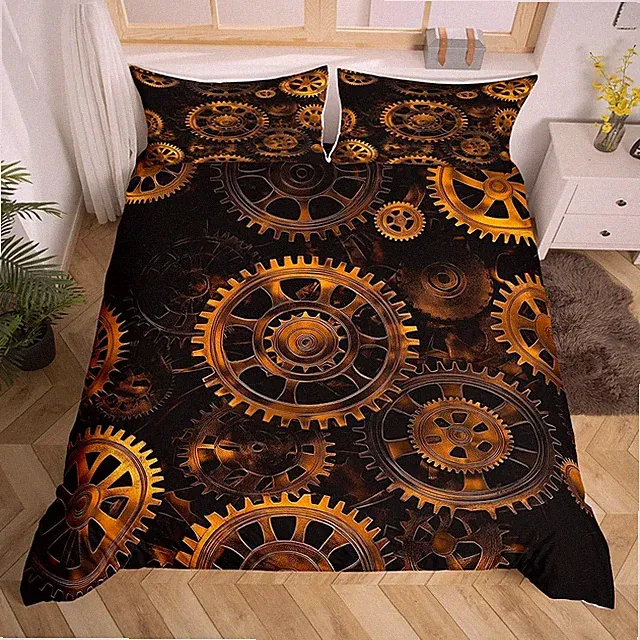 Golden Ndustrial Gear Bedding Set Queen Size Steampunk Style Duvet Cover Cloc...