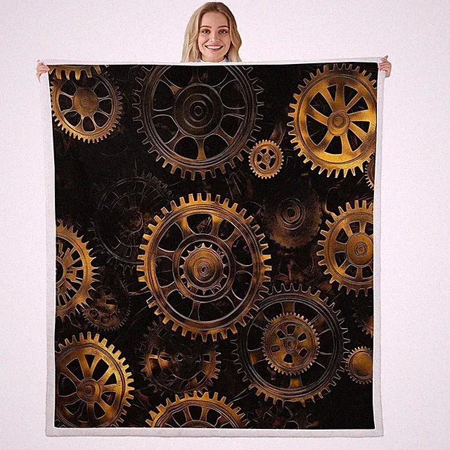 Golden Ndustrial Gear Fuzzy Blanket Steampunk Style Throw Blanket Clocks Them...