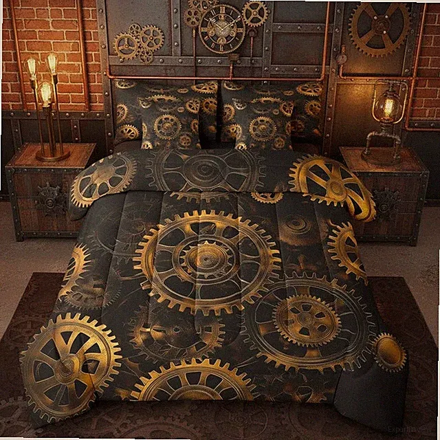 Golden Ndustrial Gear Queen Comforter Set, Steampunk Style 7-Piece Bed in A B...
