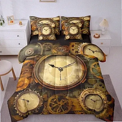 Ndustrial Gear 7 Pcs Bedding Set Steampunk Style Comforter Set Queen Brown