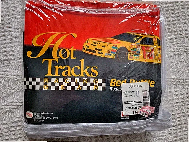 Vintage New Hot Tracks Racing Gear Twin Bed Ruffle Black White Checkered USA